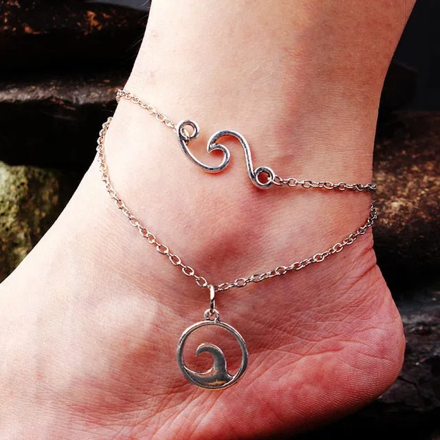 LE SKY Fashion Beach Jewelry Double Layer Love Heart Starfish Pendant Beads Anklet Foot Chain Ankle Bracelet Jewelry For Women