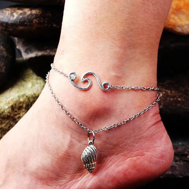 LE SKY Fashion Beach Jewelry Double Layer Love Heart Starfish Pendant Beads Anklet Foot Chain Ankle Bracelet Jewelry For Women