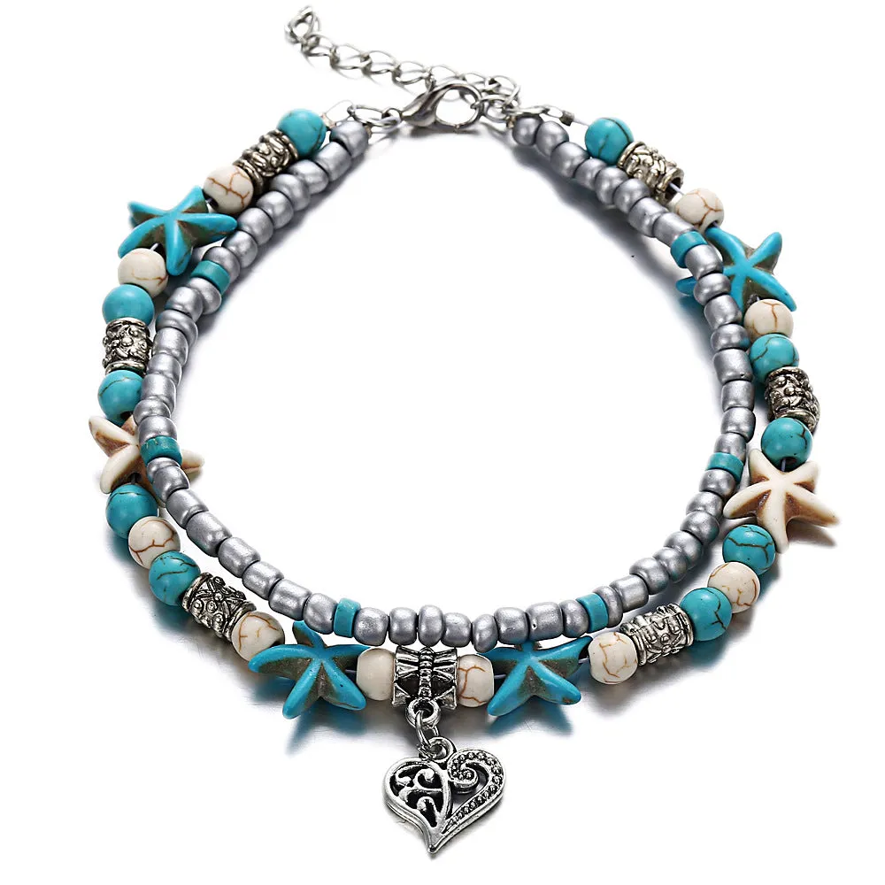 LE SKY Fashion Beach Jewelry Double Layer Love Heart Starfish Pendant Beads Anklet Foot Chain Ankle Bracelet Jewelry For Women