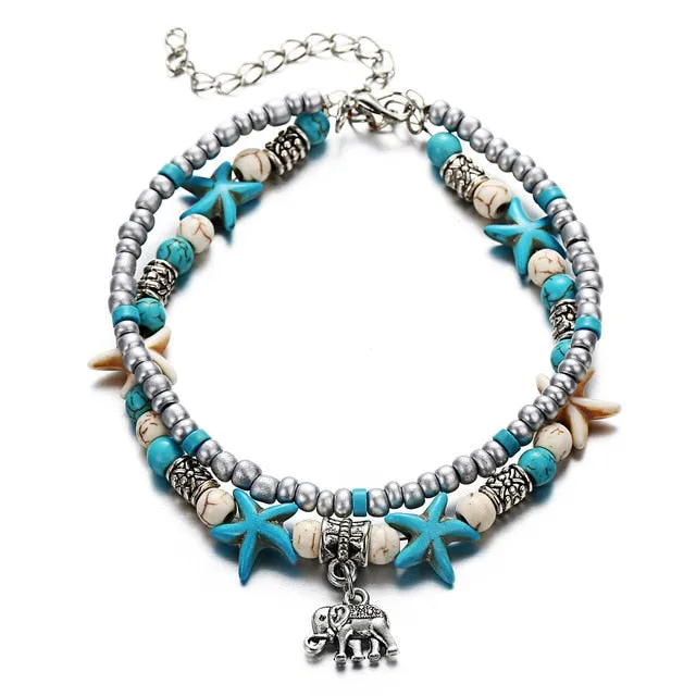 LE SKY Fashion Beach Jewelry Double Layer Love Heart Starfish Pendant Beads Anklet Foot Chain Ankle Bracelet Jewelry For Women