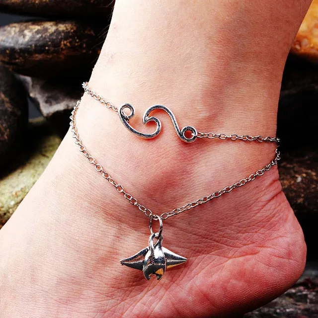 LE SKY Fashion Beach Jewelry Double Layer Love Heart Starfish Pendant Beads Anklet Foot Chain Ankle Bracelet Jewelry For Women