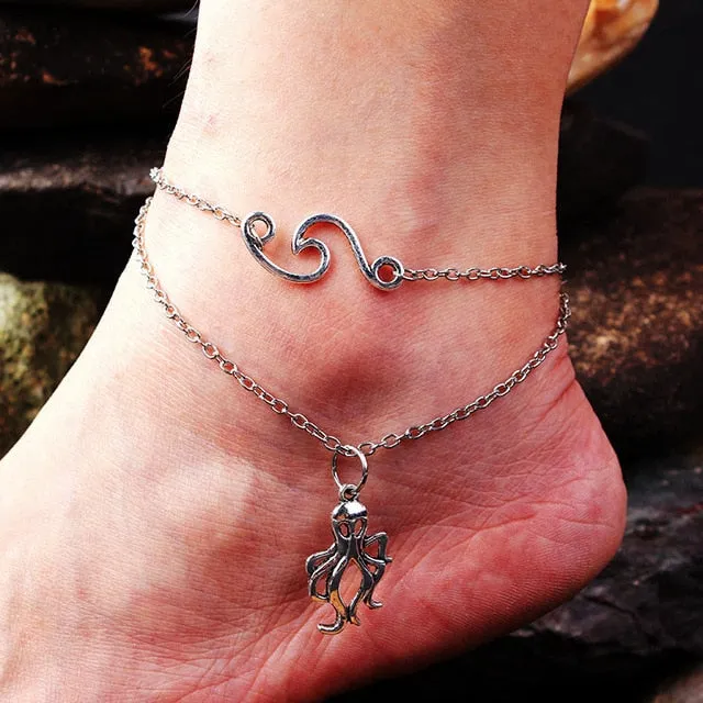 LE SKY Fashion Beach Jewelry Double Layer Love Heart Starfish Pendant Beads Anklet Foot Chain Ankle Bracelet Jewelry For Women