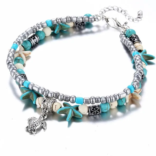 LE SKY Fashion Beach Jewelry Double Layer Love Heart Starfish Pendant Beads Anklet Foot Chain Ankle Bracelet Jewelry For Women
