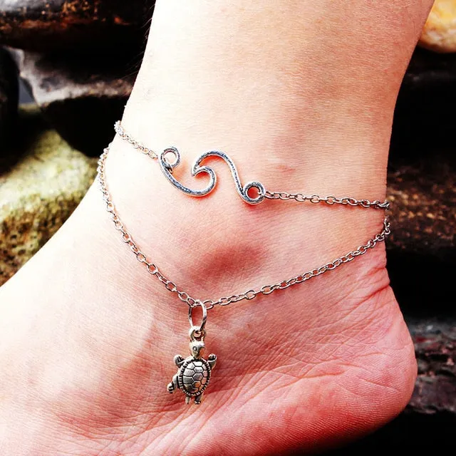 LE SKY Fashion Beach Jewelry Double Layer Love Heart Starfish Pendant Beads Anklet Foot Chain Ankle Bracelet Jewelry For Women