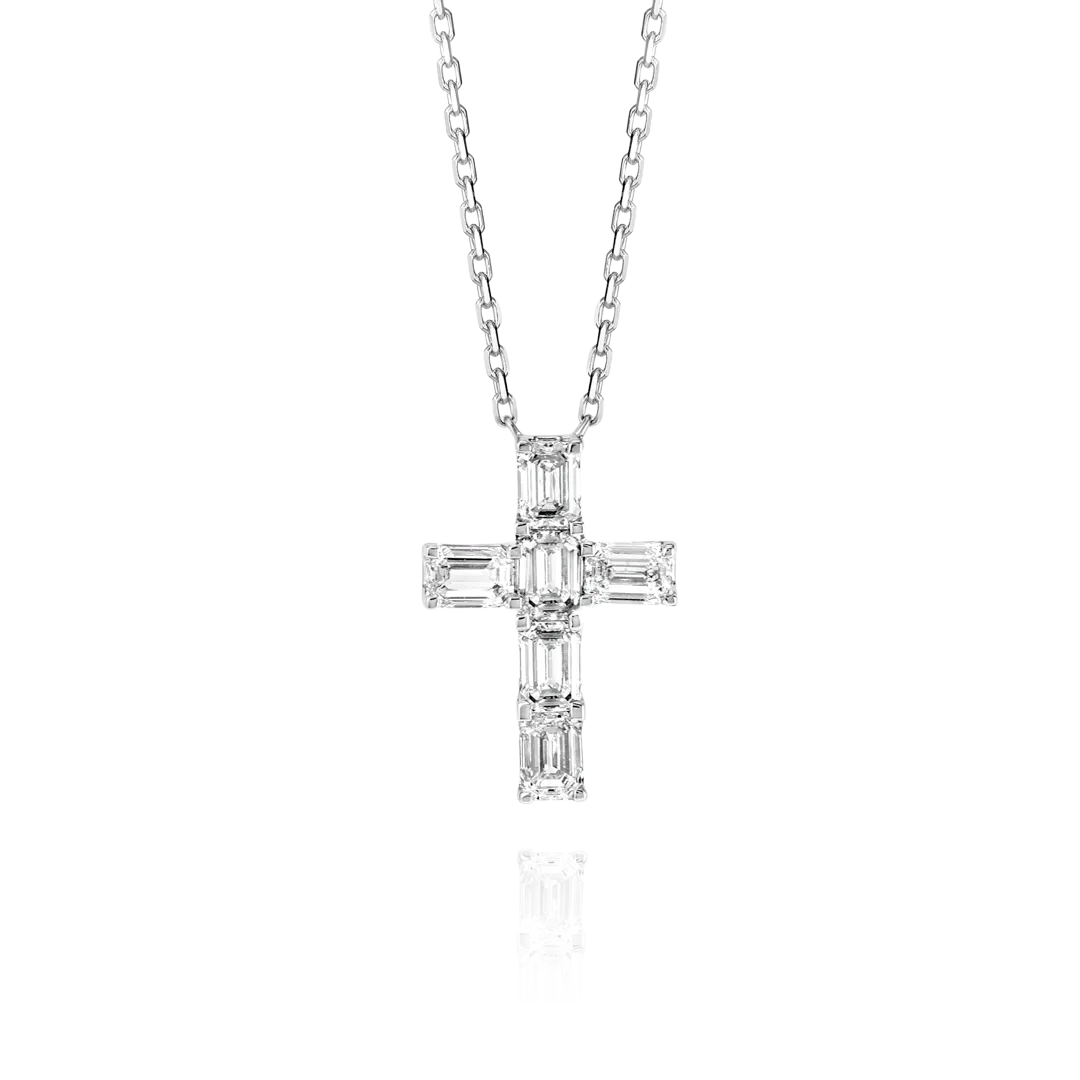 Medium Emerald Cut Diamond Cross Pendant White Gold