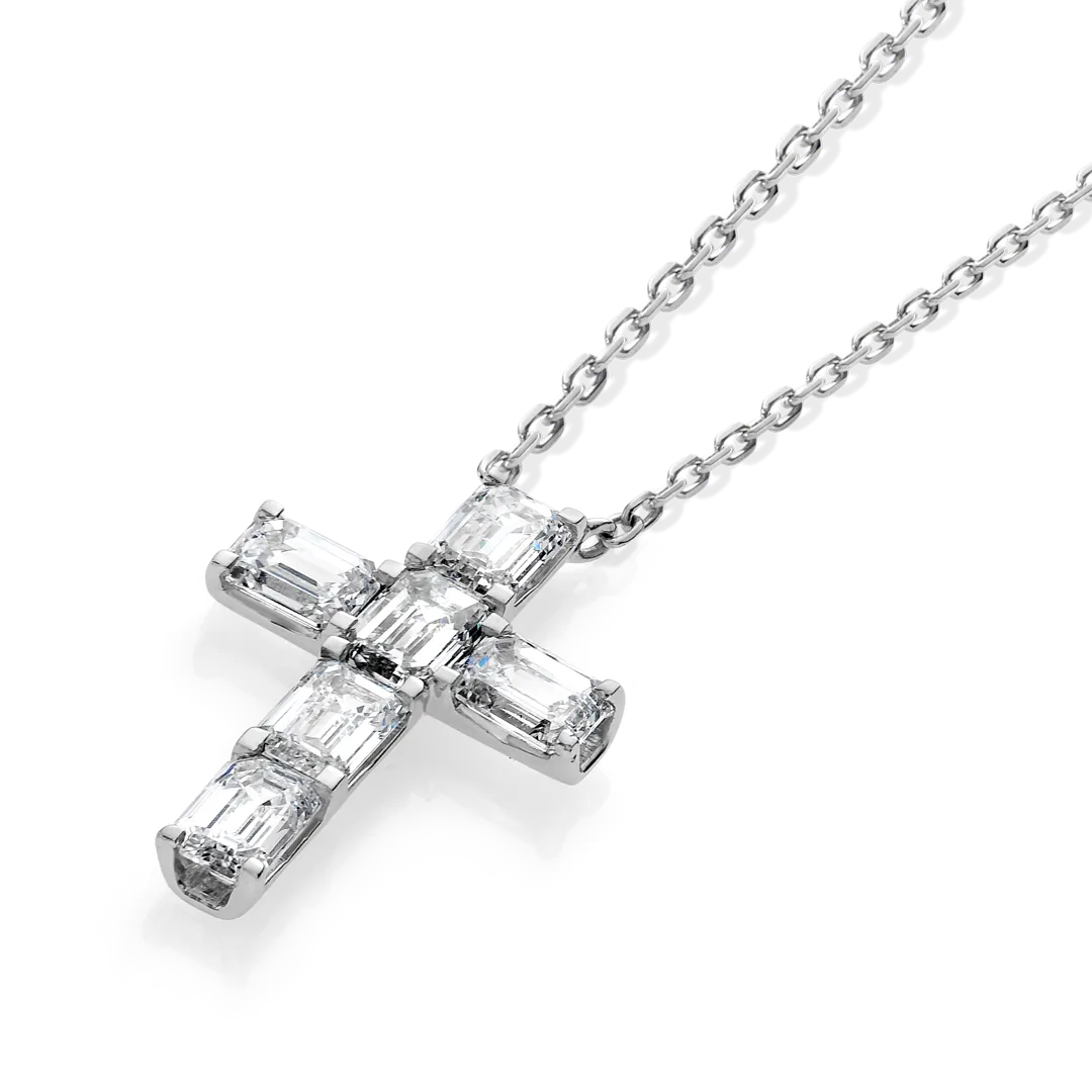 Medium Emerald Cut Diamond Cross Pendant White Gold