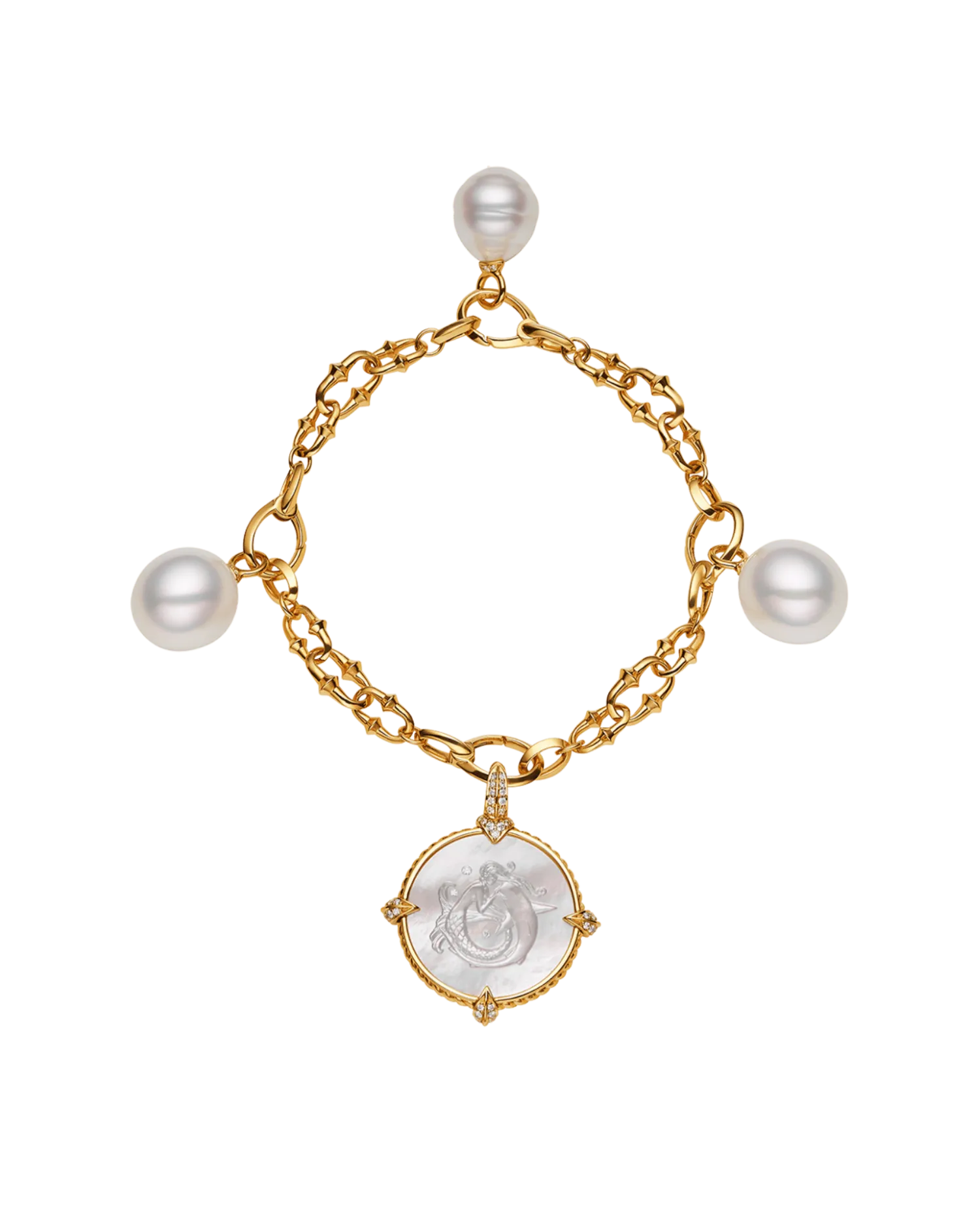 Mermaid Dive Charm Bracelet | 10mm Circle Pearl, 12mm Oval Pearls, Mother of Pearl, and Yellow Gold