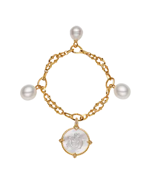 Mermaid Dive Charm Bracelet | 10mm Circle Pearl, 12mm Oval Pearls, Mother of Pearl, and Yellow Gold
