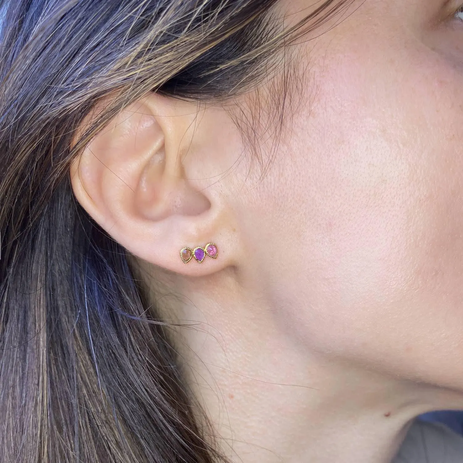 Precious Ear Climber Right - Pink Tourmaline, Amethyst, Smoky Quartz &18k Gold