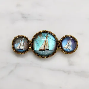 Reverse Painted Crystal Sailboats & Butterfly Wing Brooch
