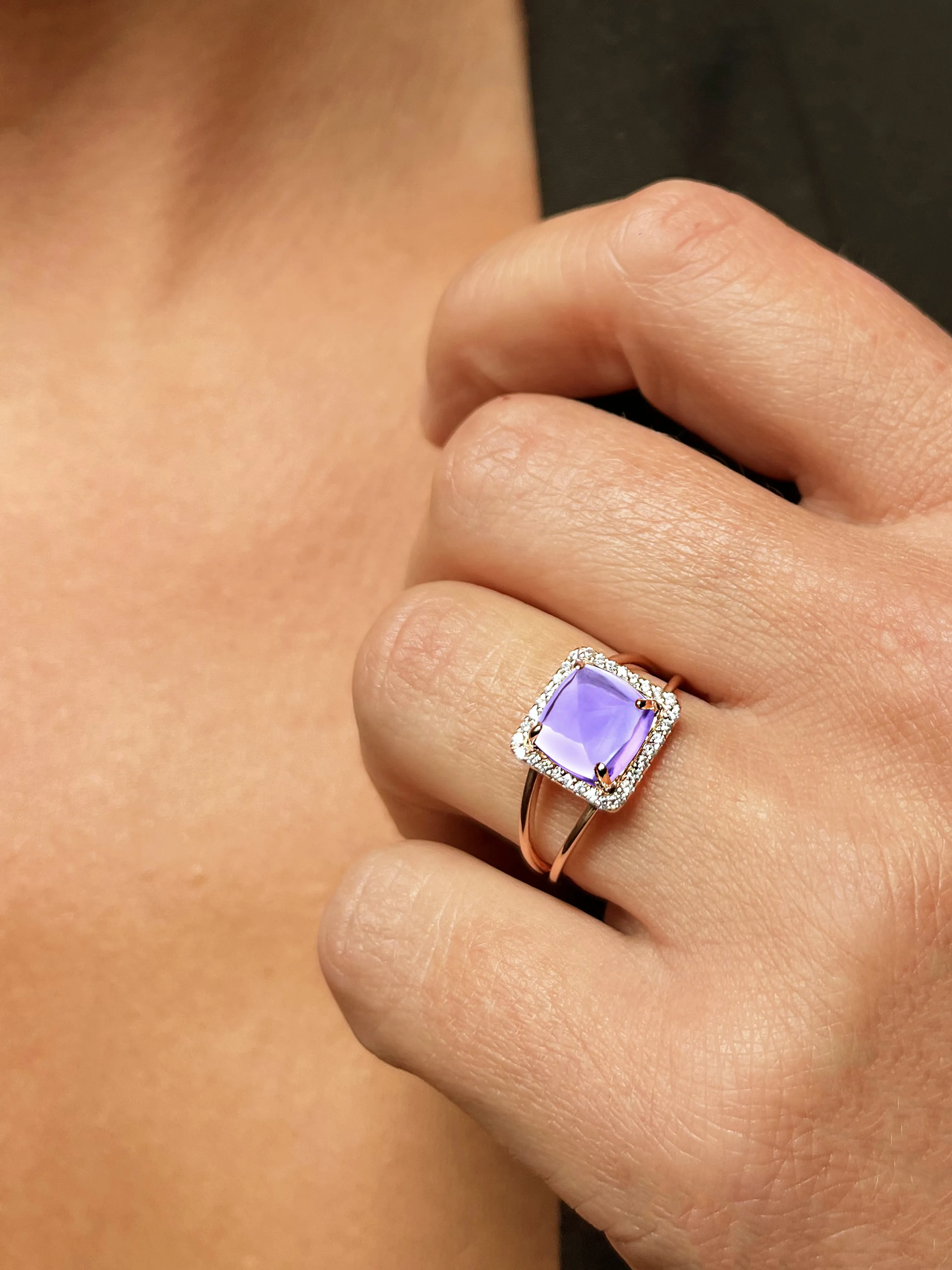 Ring in 925 silver gilded with 18k rose gold assembled with Amethyst and zirconium oxide