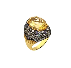 Ring in 925 Silver gilded with 18k yellow gold and assembled with Citrine, Blue Topaz and Zirconium Oxide