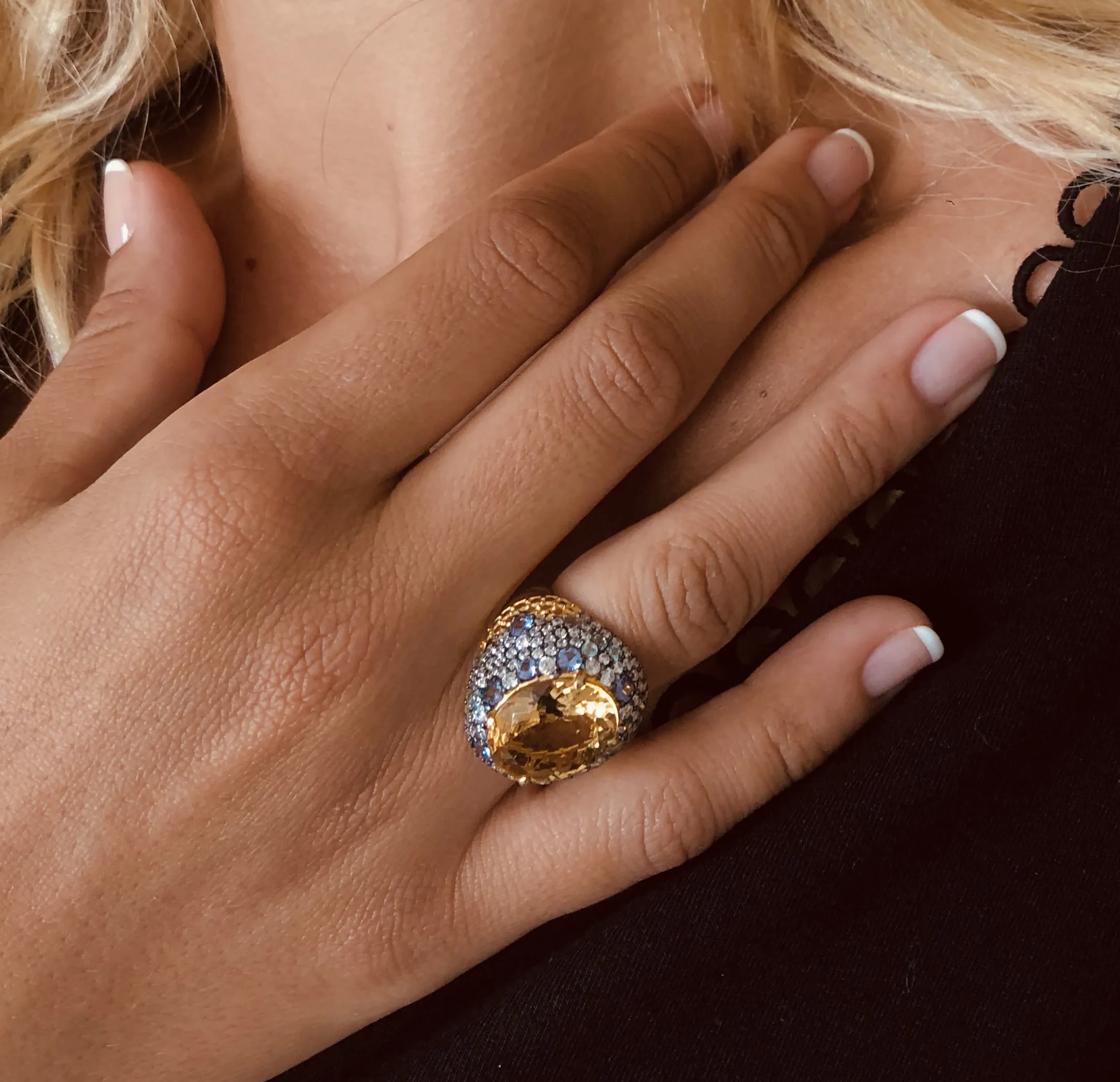 Ring in 925 Silver gilded with 18k yellow gold and assembled with Citrine, Blue Topaz and Zirconium Oxide