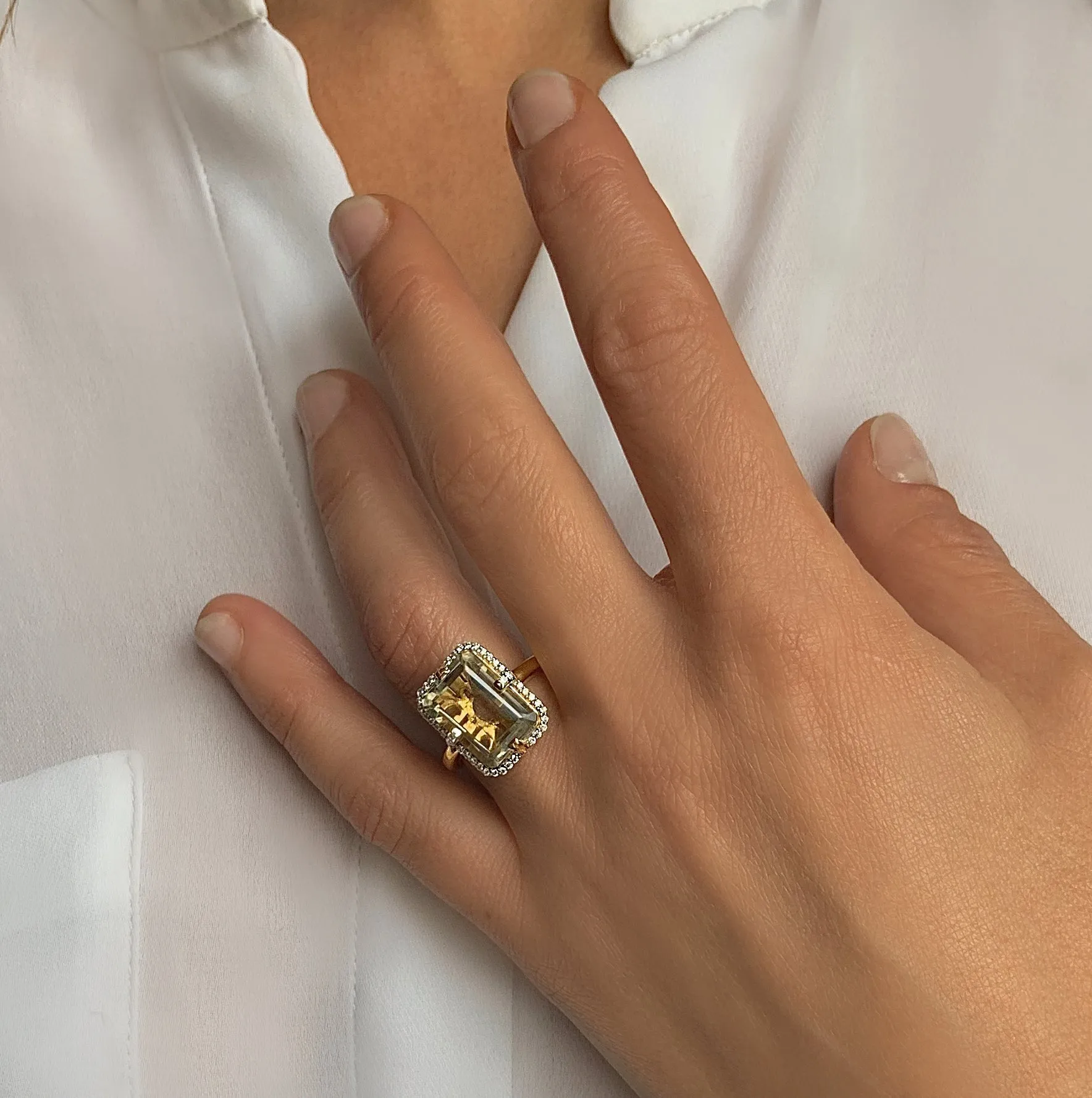 Ring in 925 silver gilded with 18k yellow gold assembled with green amethyst and zirconium oxide
