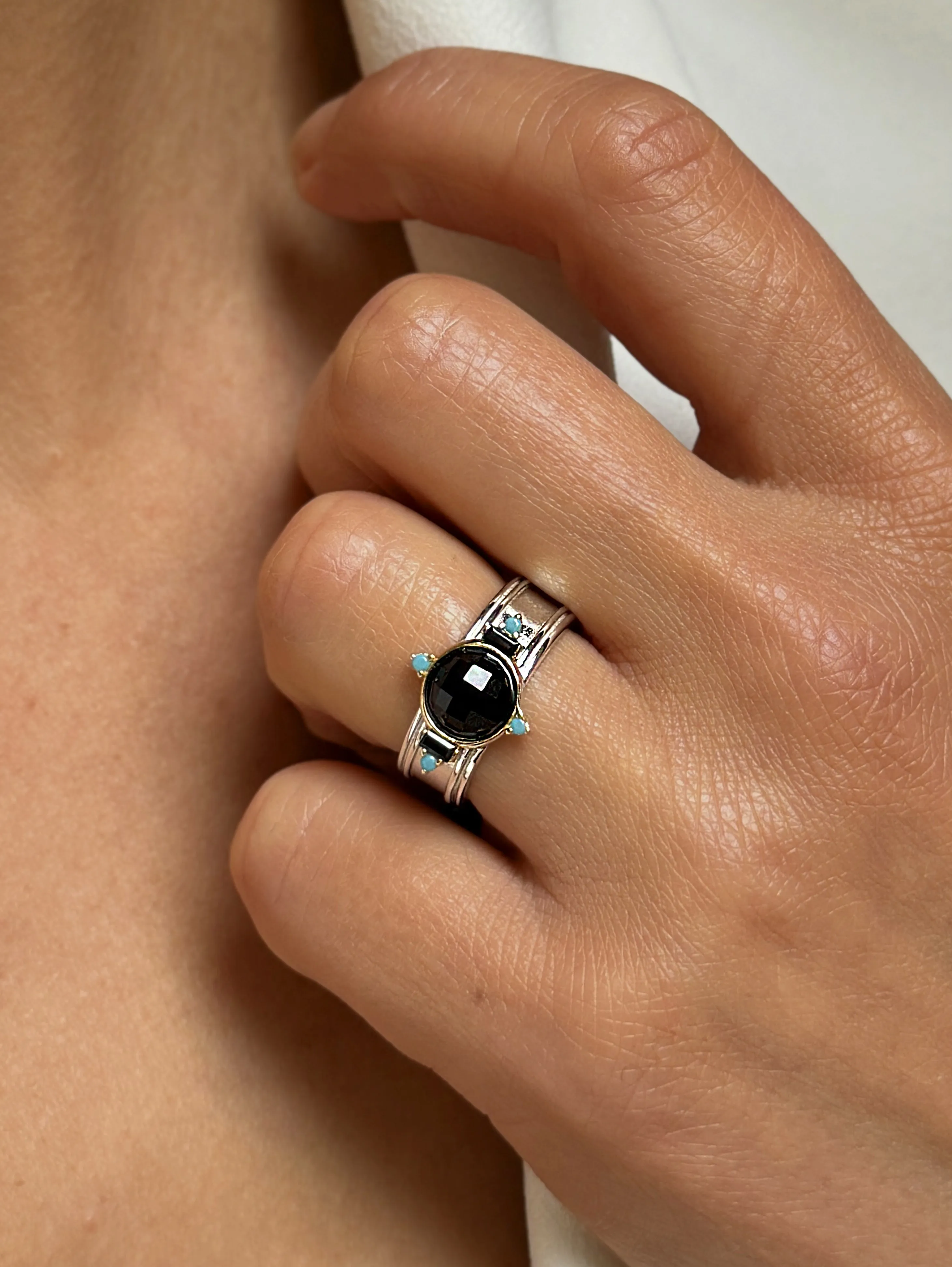 Ring in 925 Silver plated with Silver and 18k Yellow Gold assembled with Black Zirconium Oxide, Black Onyx and Turquoise