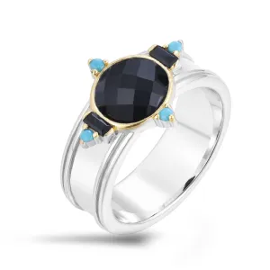 Ring in 925 Silver plated with Silver and 18k Yellow Gold assembled with Black Zirconium Oxide, Black Onyx and Turquoise