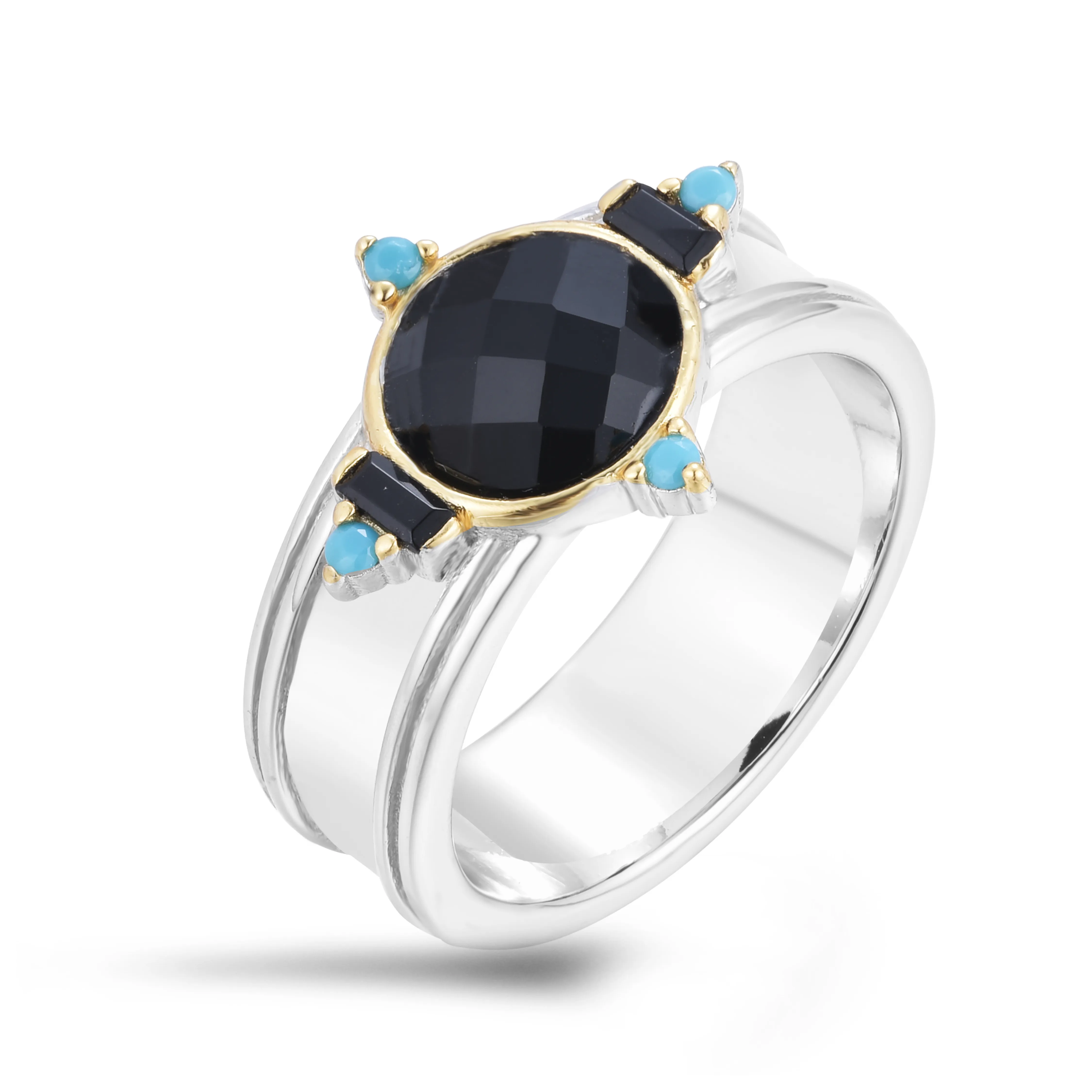 Ring in 925 Silver plated with Silver and 18k Yellow Gold assembled with Black Zirconium Oxide, Black Onyx and Turquoise