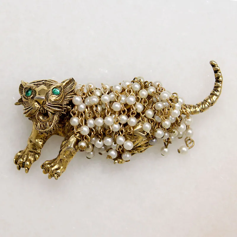 Savage Tiger with Frothy Pearls Hattie Carnegie Brooch