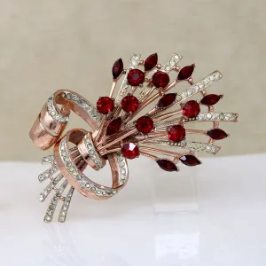 Scarlet Rhinestone & Rosy Sterling Gilt Retro Brooch by Coro