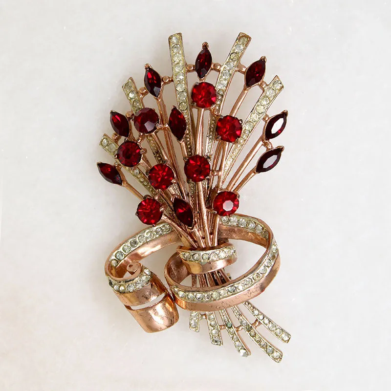 Scarlet Rhinestone & Rosy Sterling Gilt Retro Brooch by Coro