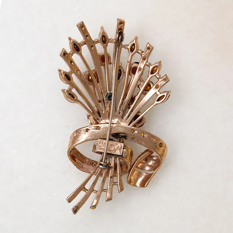 Scarlet Rhinestone & Rosy Sterling Gilt Retro Brooch by Coro