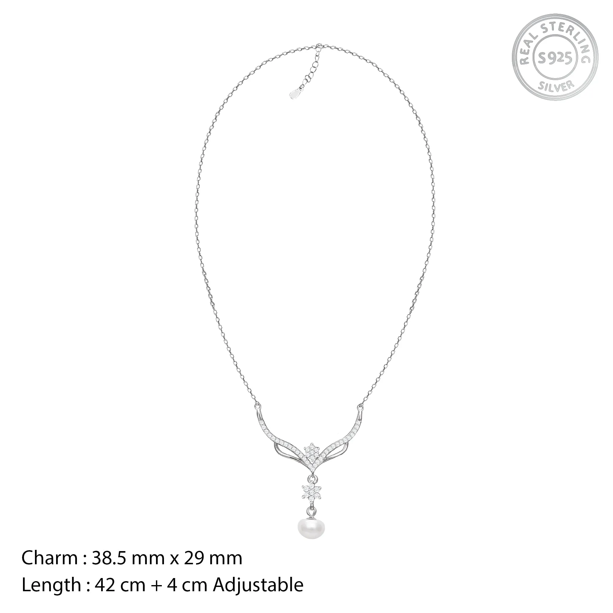 Silver Floral Studded Pearl Necklace