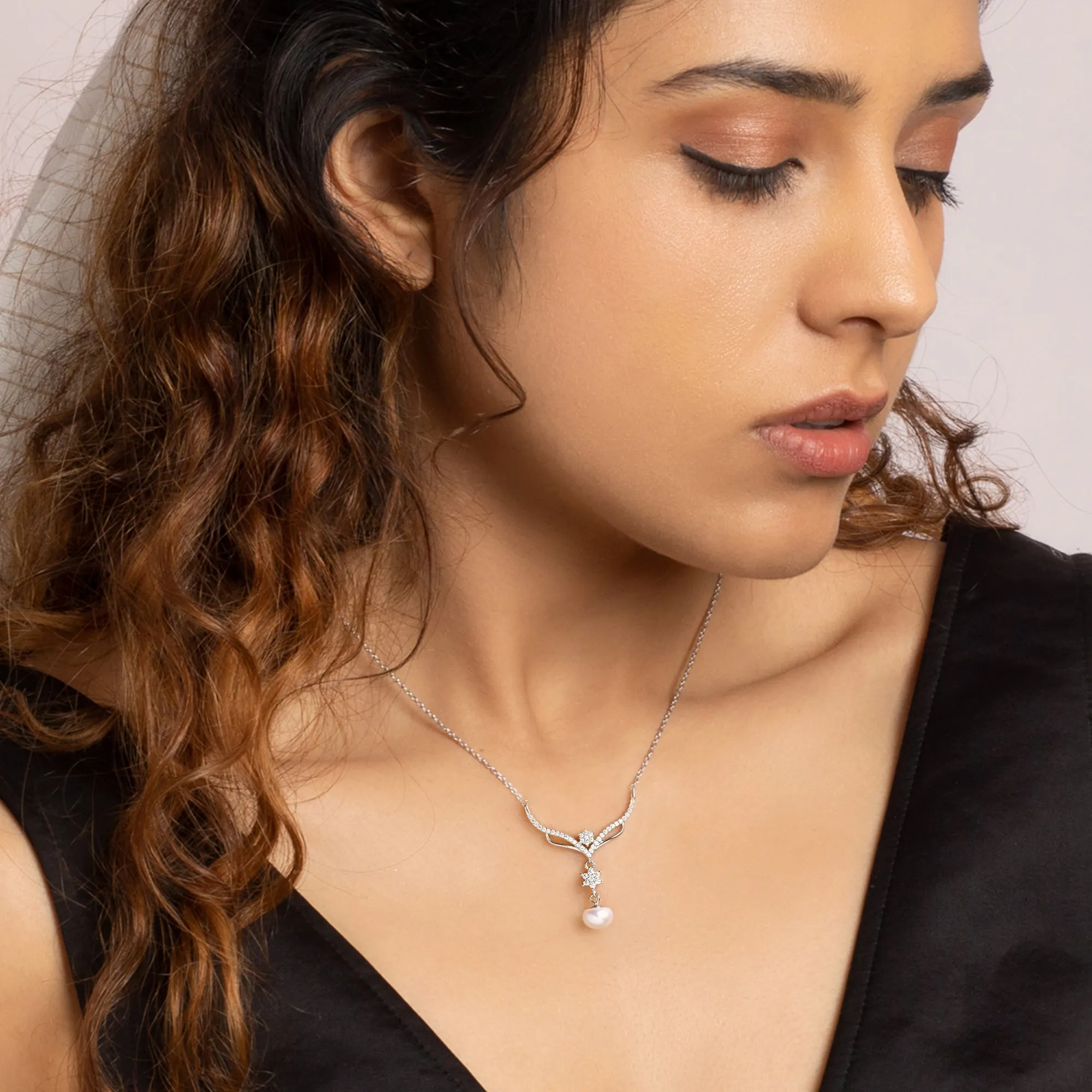 Silver Floral Studded Pearl Necklace