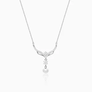 Silver Floral Studded Pearl Necklace