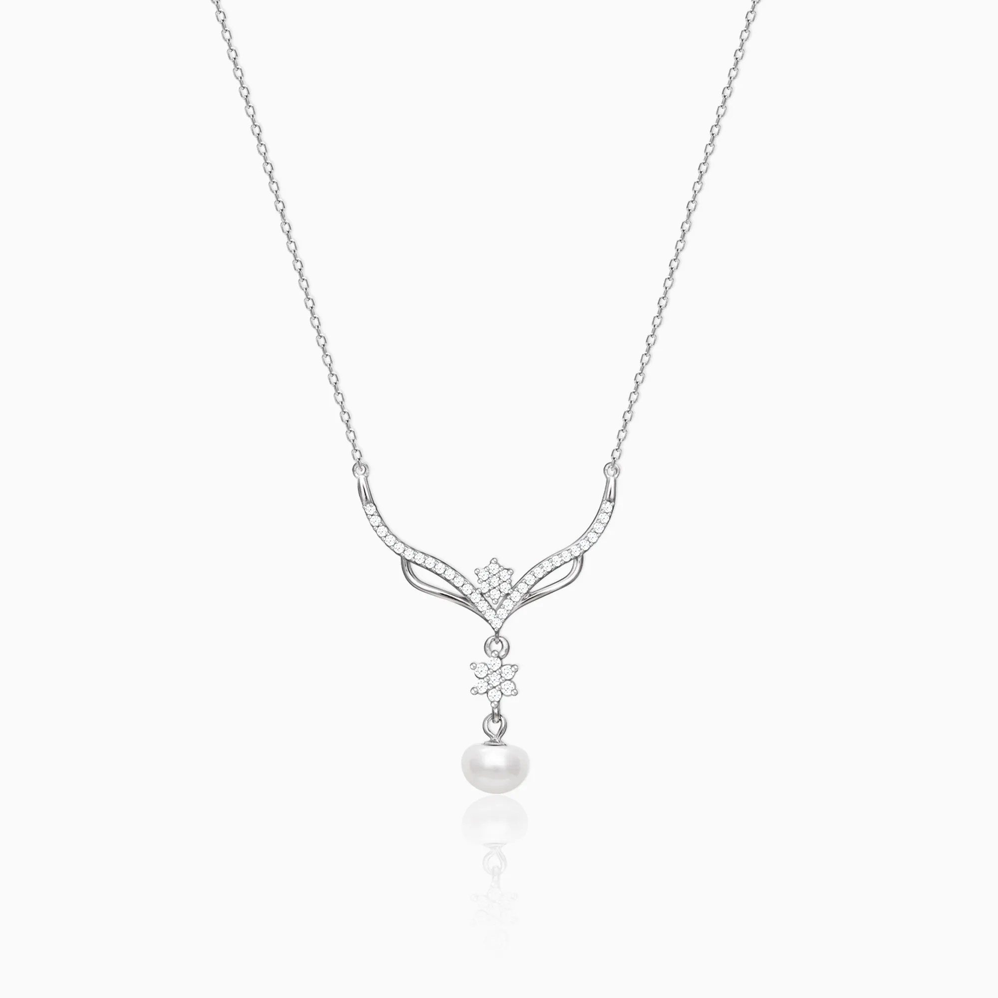 Silver Floral Studded Pearl Necklace