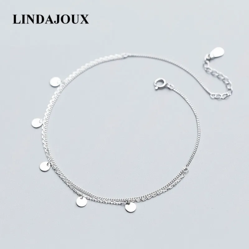 Simple Design Two Layers Polish Round Charm 925 Sterling Silver Anklet For Women Foot Chain Ankle Bracelets Summer Jewelry
