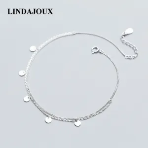 Simple Design Two Layers Polish Round Charm 925 Sterling Silver Anklet For Women Foot Chain Ankle Bracelets Summer Jewelry