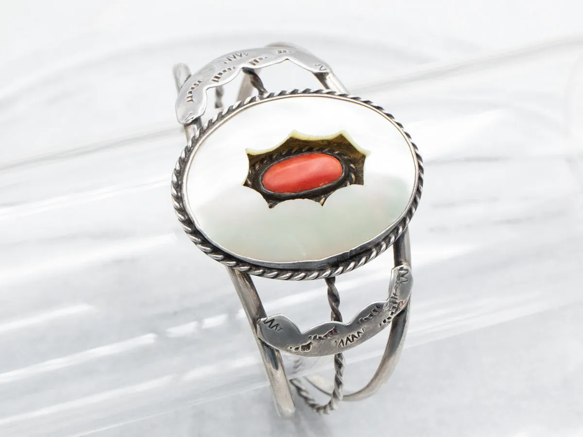 Sterling Silver Native American Mother of Pearl and Coral Cuff Bracelet