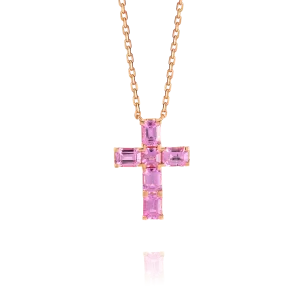 Thick Asscher Pink Sapphire Cross Pendant Rose Gold