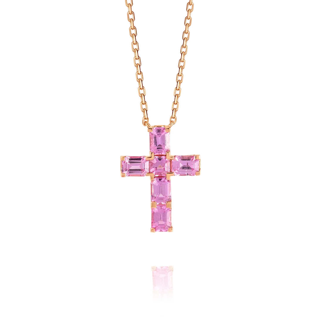 Thick Asscher Pink Sapphire Cross Pendant Rose Gold