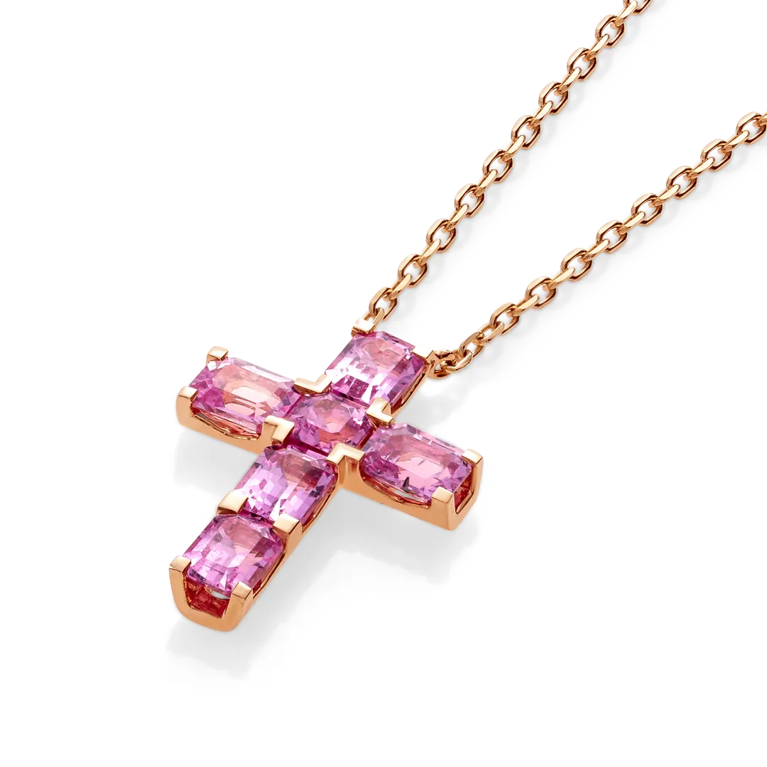 Thick Asscher Pink Sapphire Cross Pendant Rose Gold