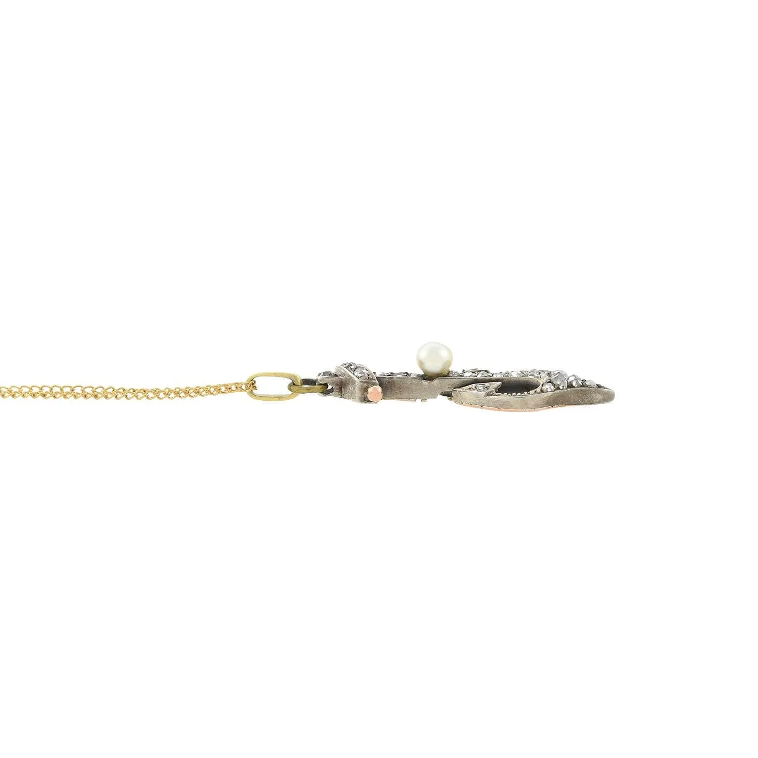 Victorian 18kt/Sterling Diamond   Pearl Anchor Necklace
