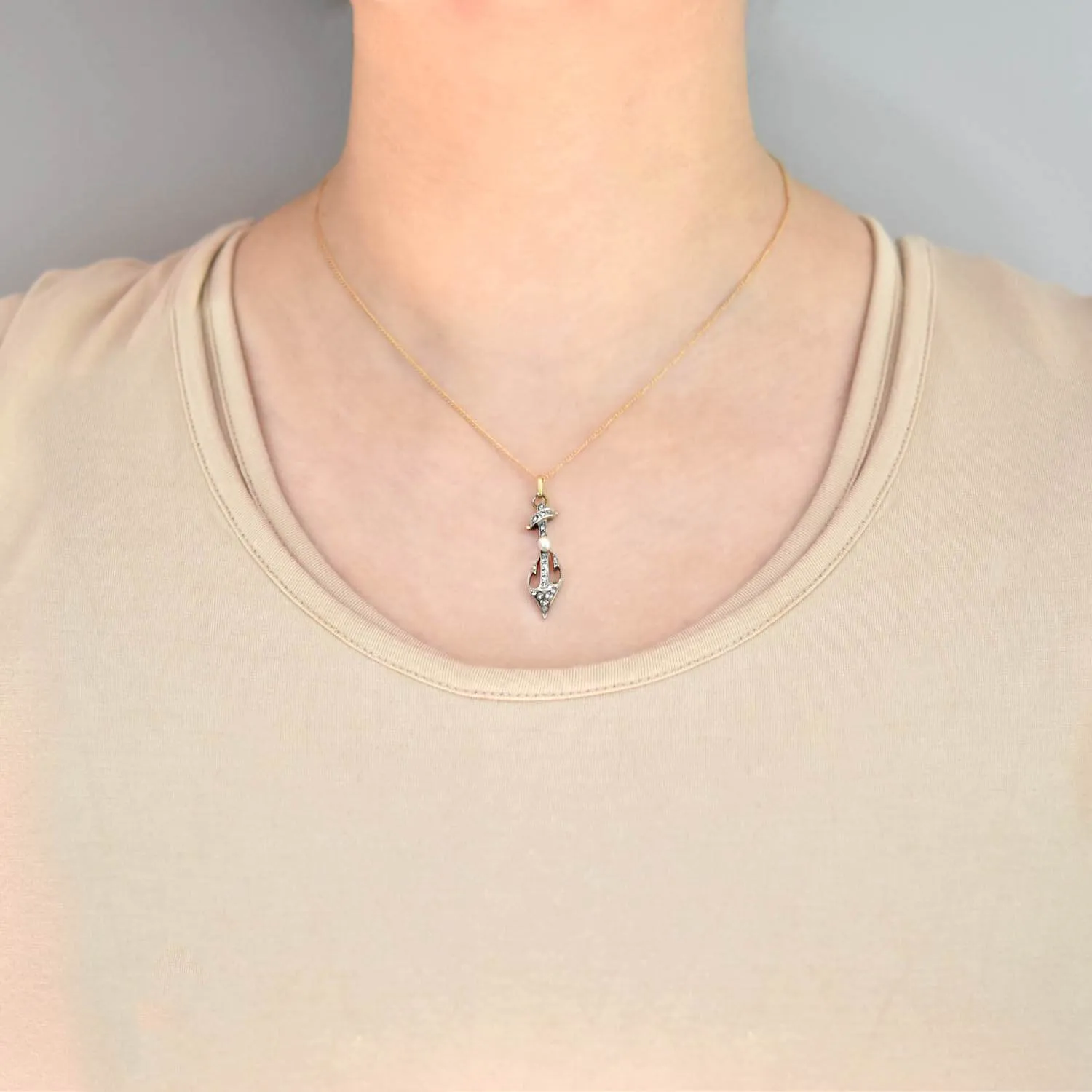 Victorian 18kt/Sterling Diamond   Pearl Anchor Necklace