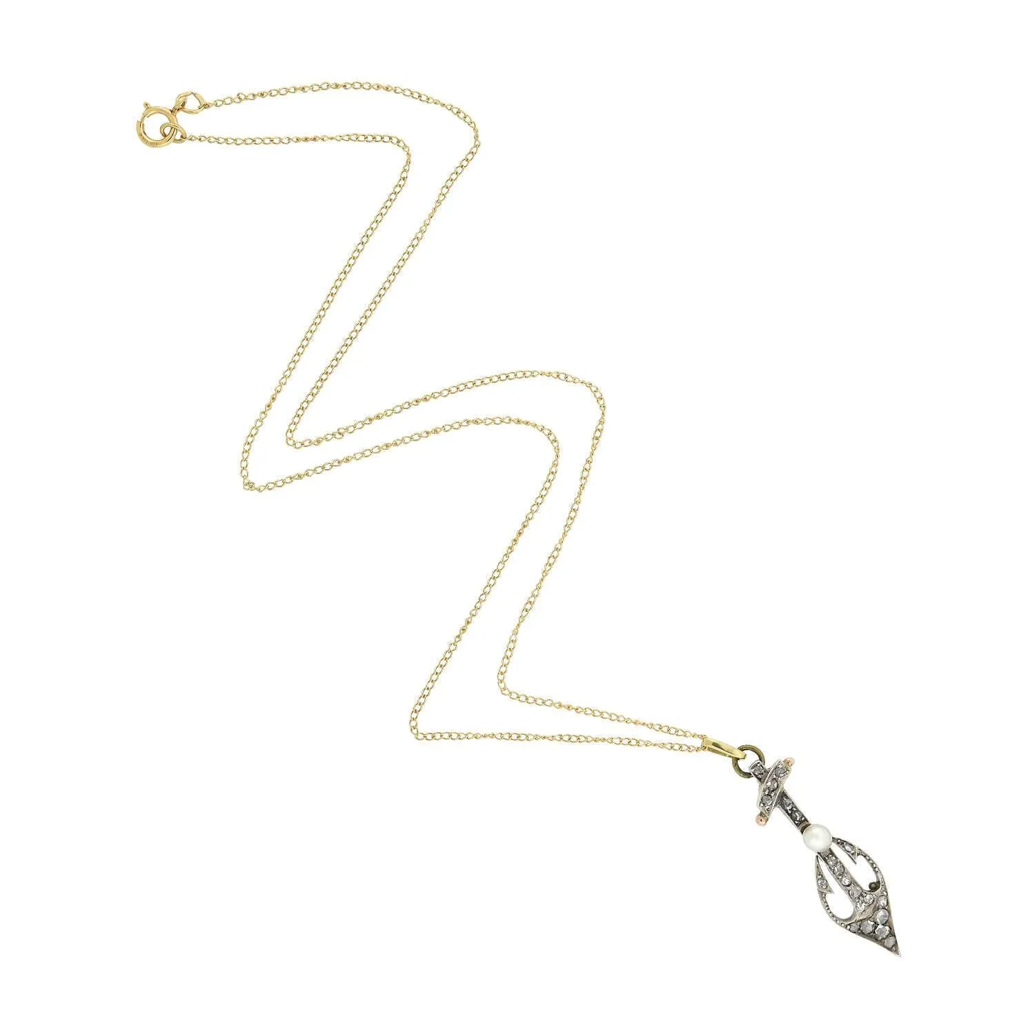 Victorian 18kt/Sterling Diamond   Pearl Anchor Necklace