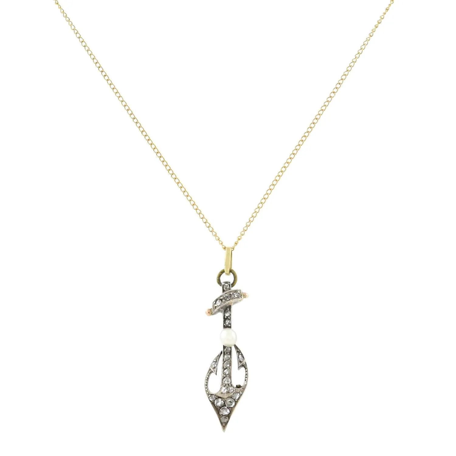 Victorian 18kt/Sterling Diamond   Pearl Anchor Necklace