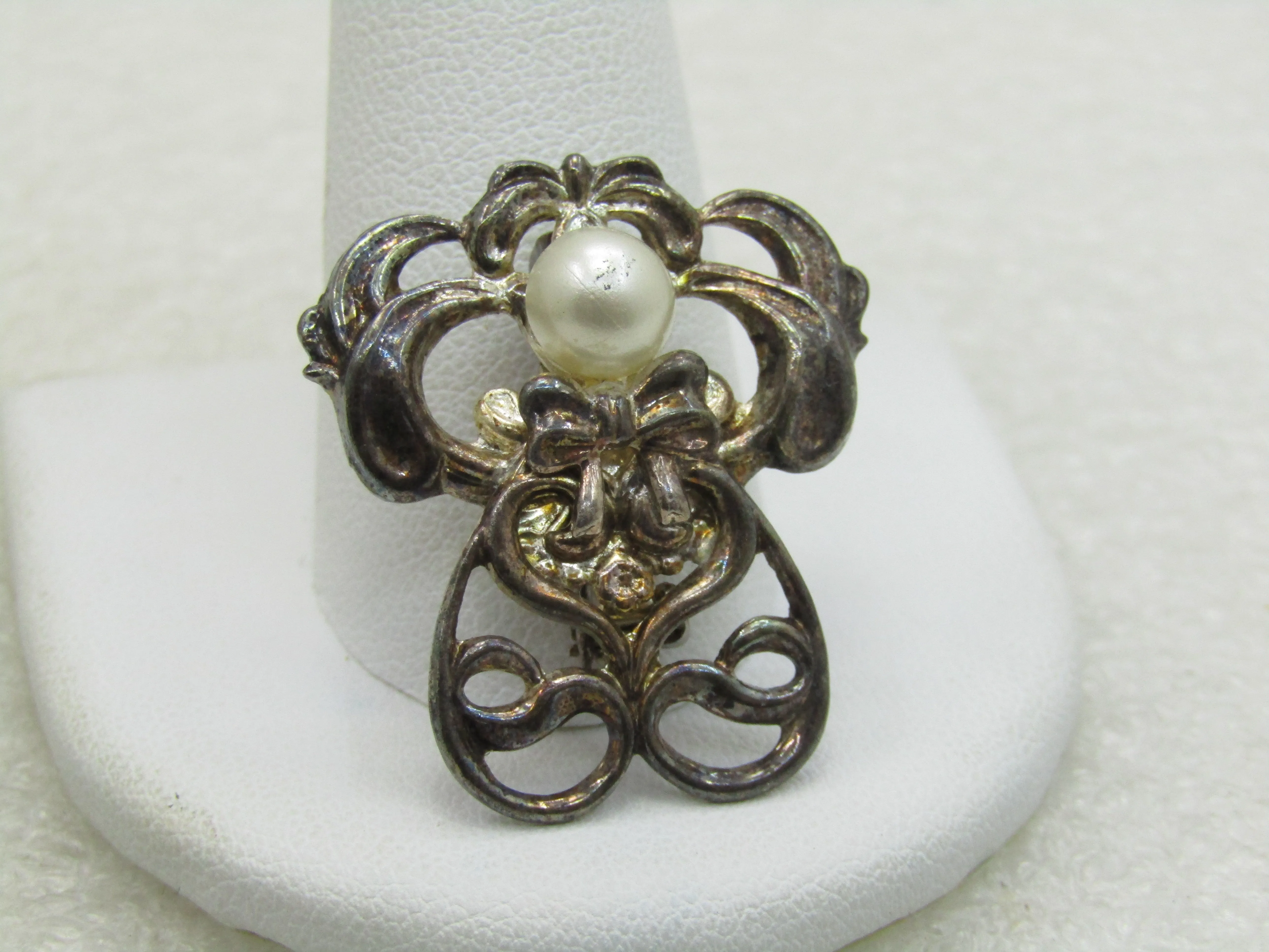 Vintage Angel Brooch, Faux Pearl, Signed Jane, 1.25" Silver Tone