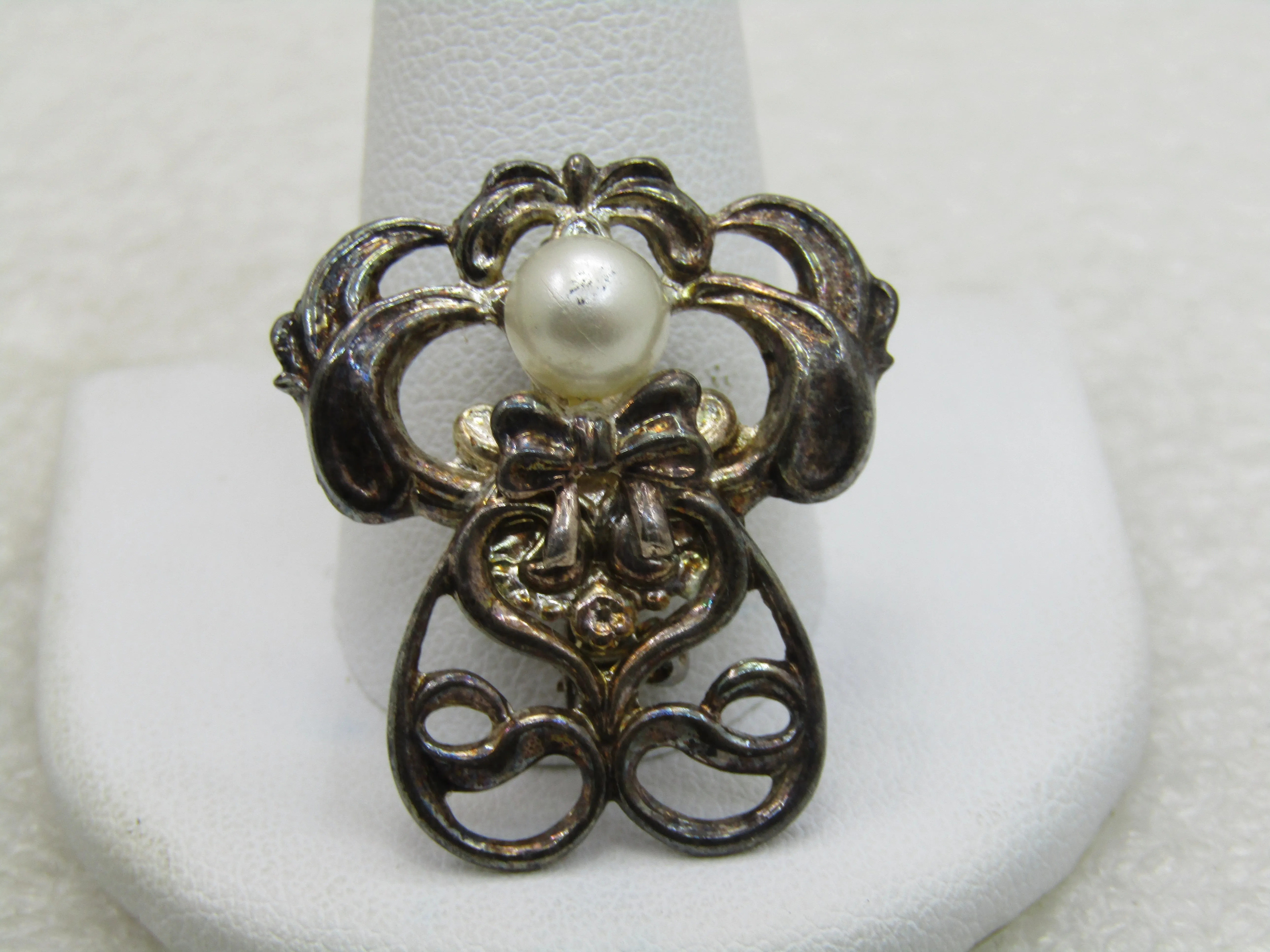 Vintage Angel Brooch, Faux Pearl, Signed Jane, 1.25" Silver Tone
