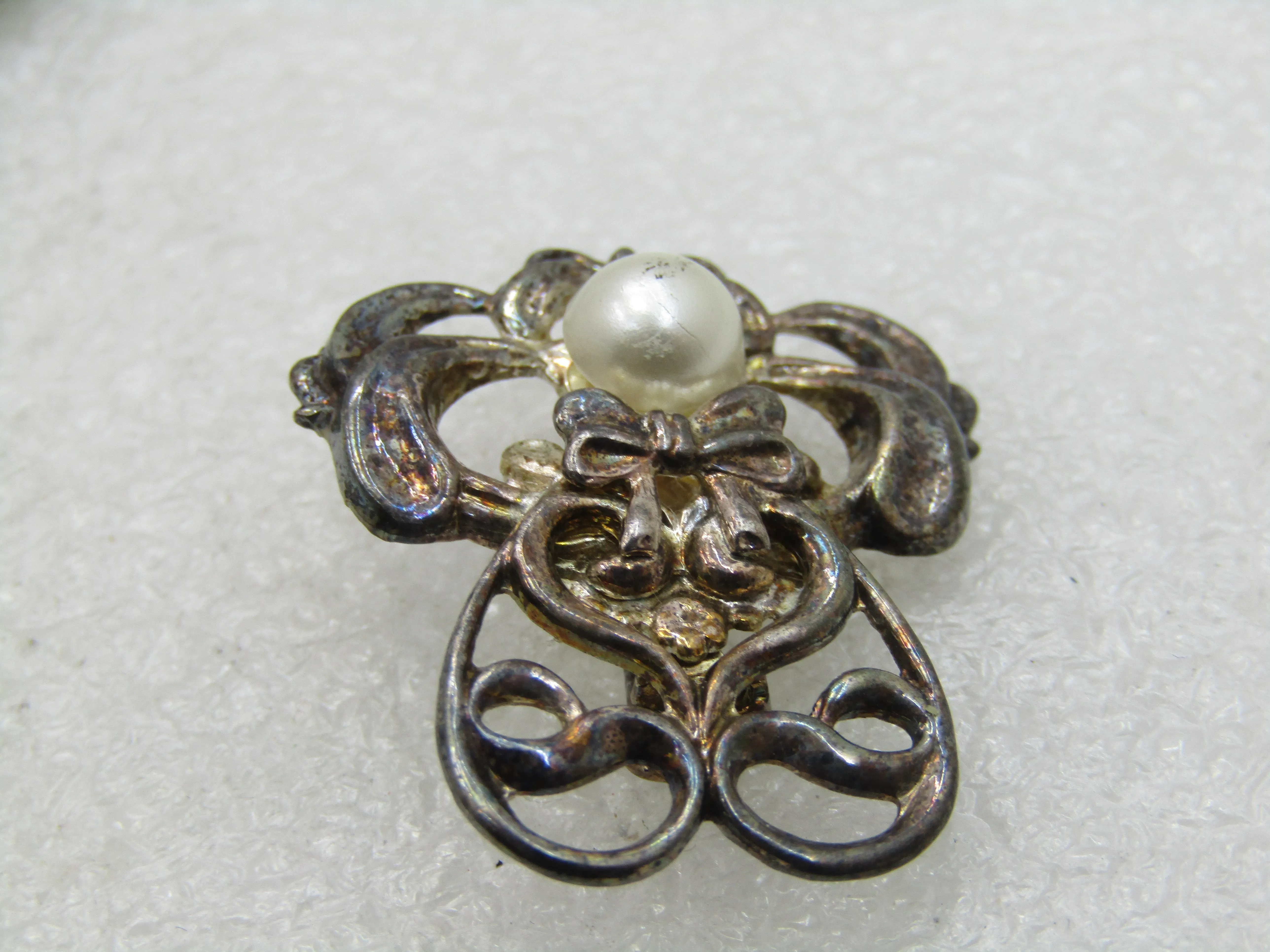 Vintage Angel Brooch, Faux Pearl, Signed Jane, 1.25" Silver Tone
