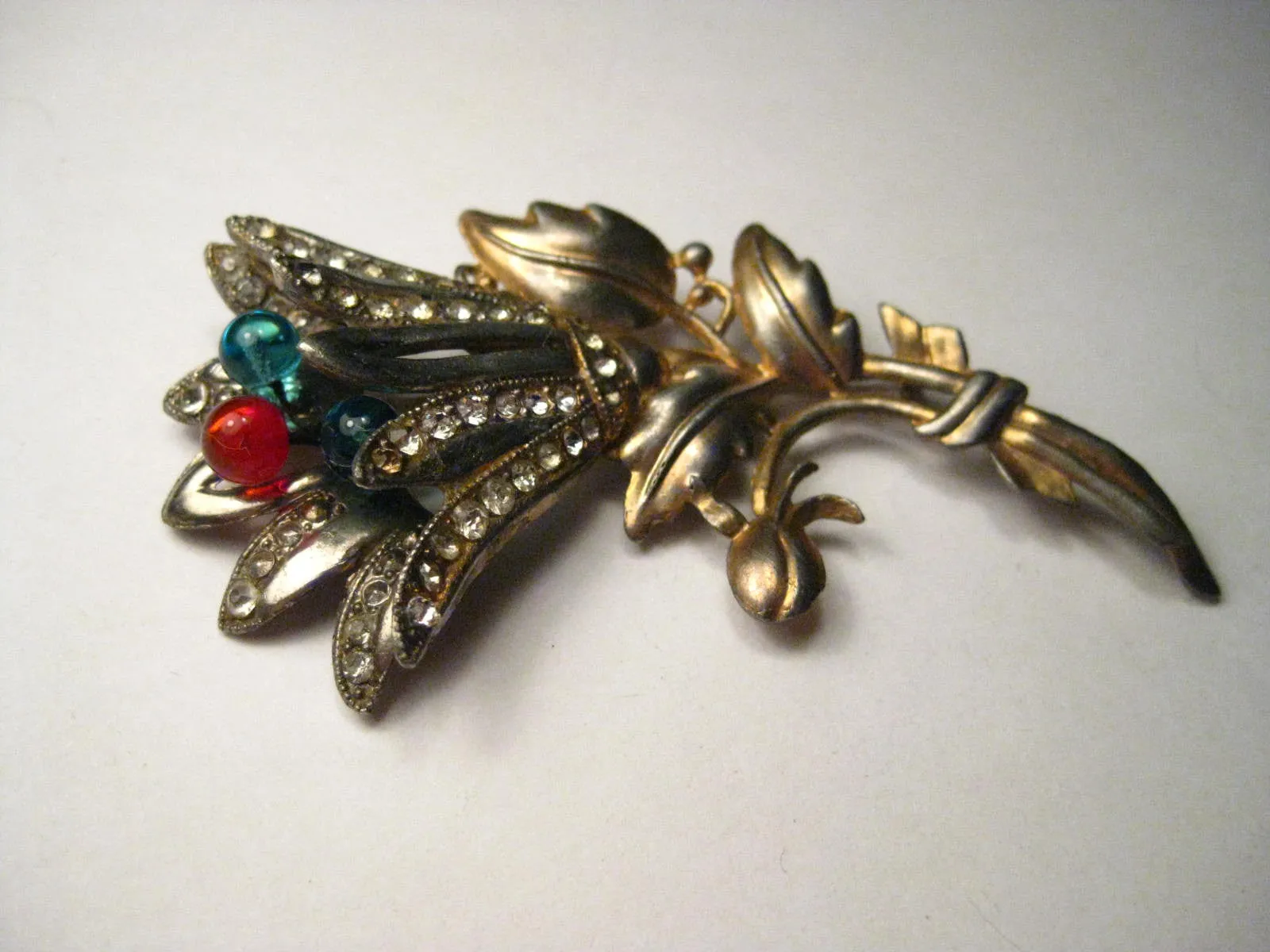 Vintage Art Deco Floral Brooch, Gold and Silver Tone, Pave Set Rhinestones, Glass Bead Center Stems - Tulip-Like, 3.5" tall