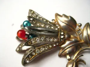 Vintage Art Deco Floral Brooch, Gold and Silver Tone, Pave Set Rhinestones, Glass Bead Center Stems - Tulip-Like, 3.5" tall