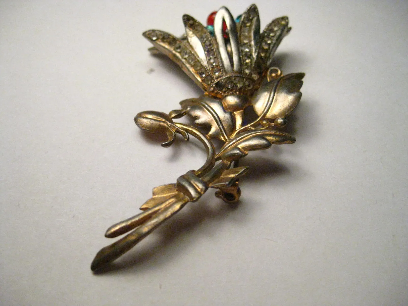 Vintage Art Deco Floral Brooch, Gold and Silver Tone, Pave Set Rhinestones, Glass Bead Center Stems - Tulip-Like, 3.5" tall
