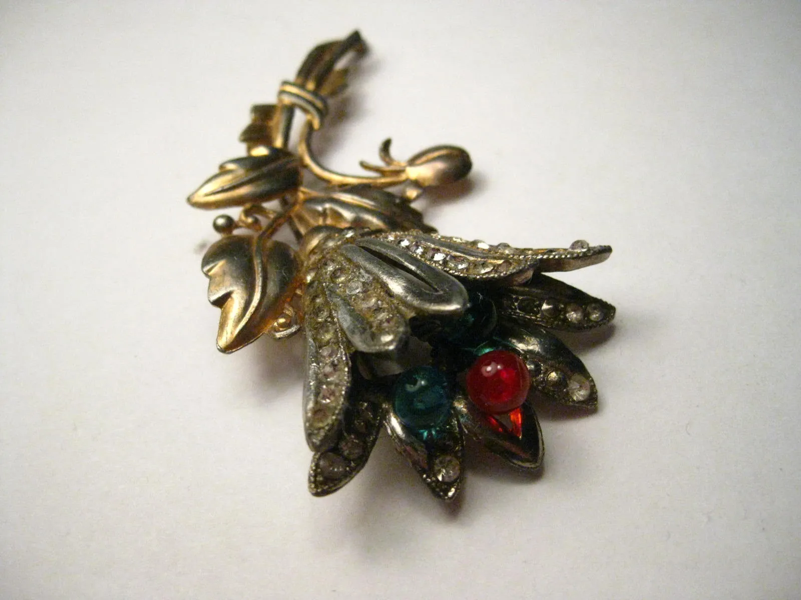 Vintage Art Deco Floral Brooch, Gold and Silver Tone, Pave Set Rhinestones, Glass Bead Center Stems - Tulip-Like, 3.5" tall