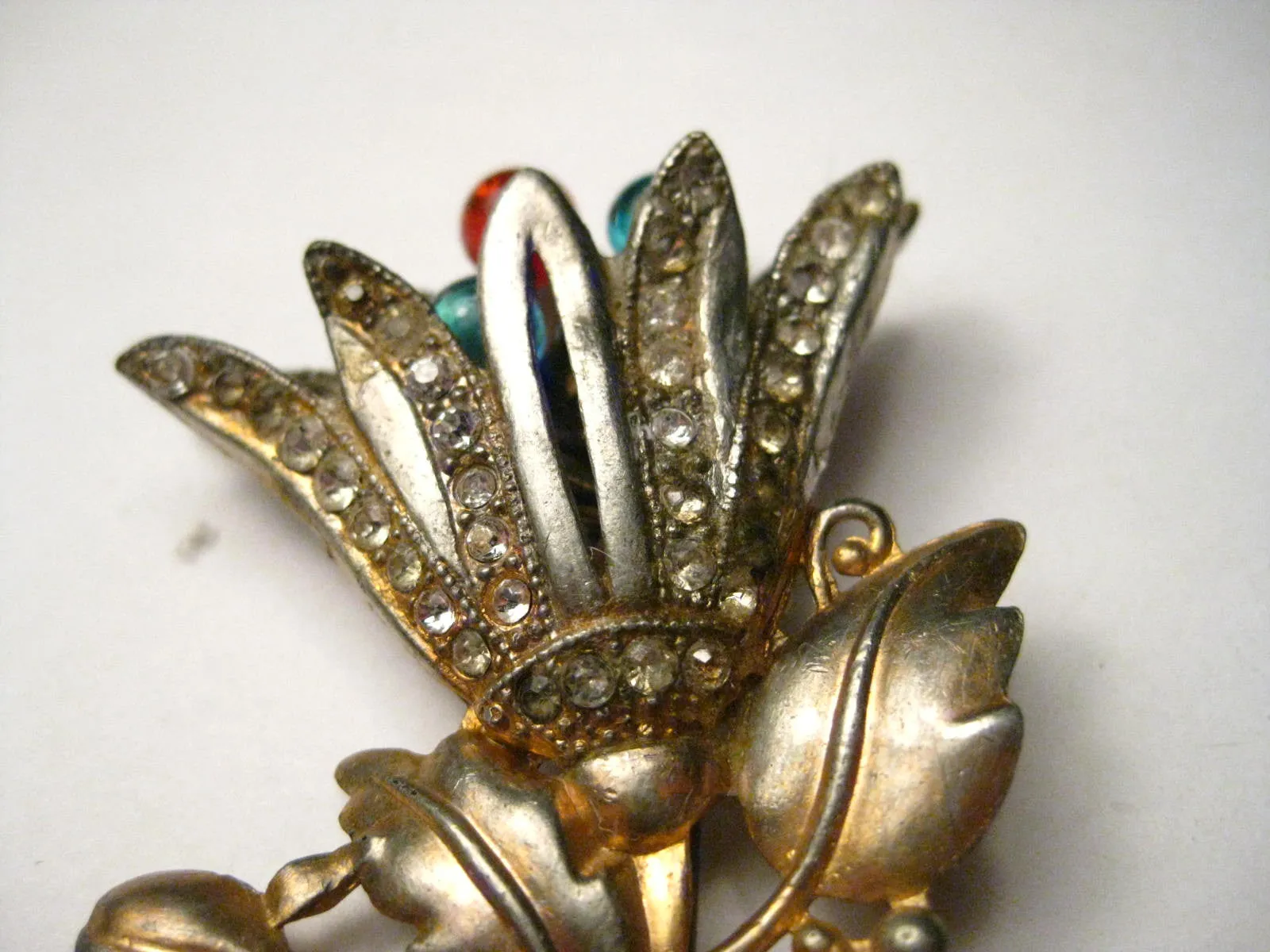 Vintage Art Deco Floral Brooch, Gold and Silver Tone, Pave Set Rhinestones, Glass Bead Center Stems - Tulip-Like, 3.5" tall