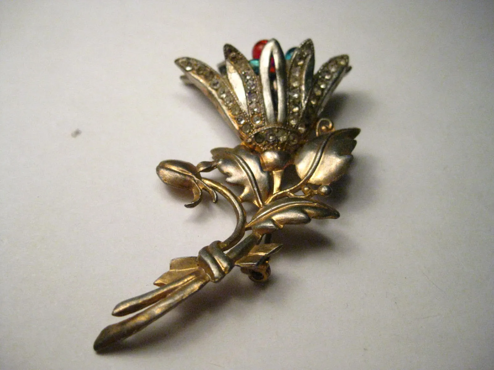 Vintage Art Deco Floral Brooch, Gold and Silver Tone, Pave Set Rhinestones, Glass Bead Center Stems - Tulip-Like, 3.5" tall