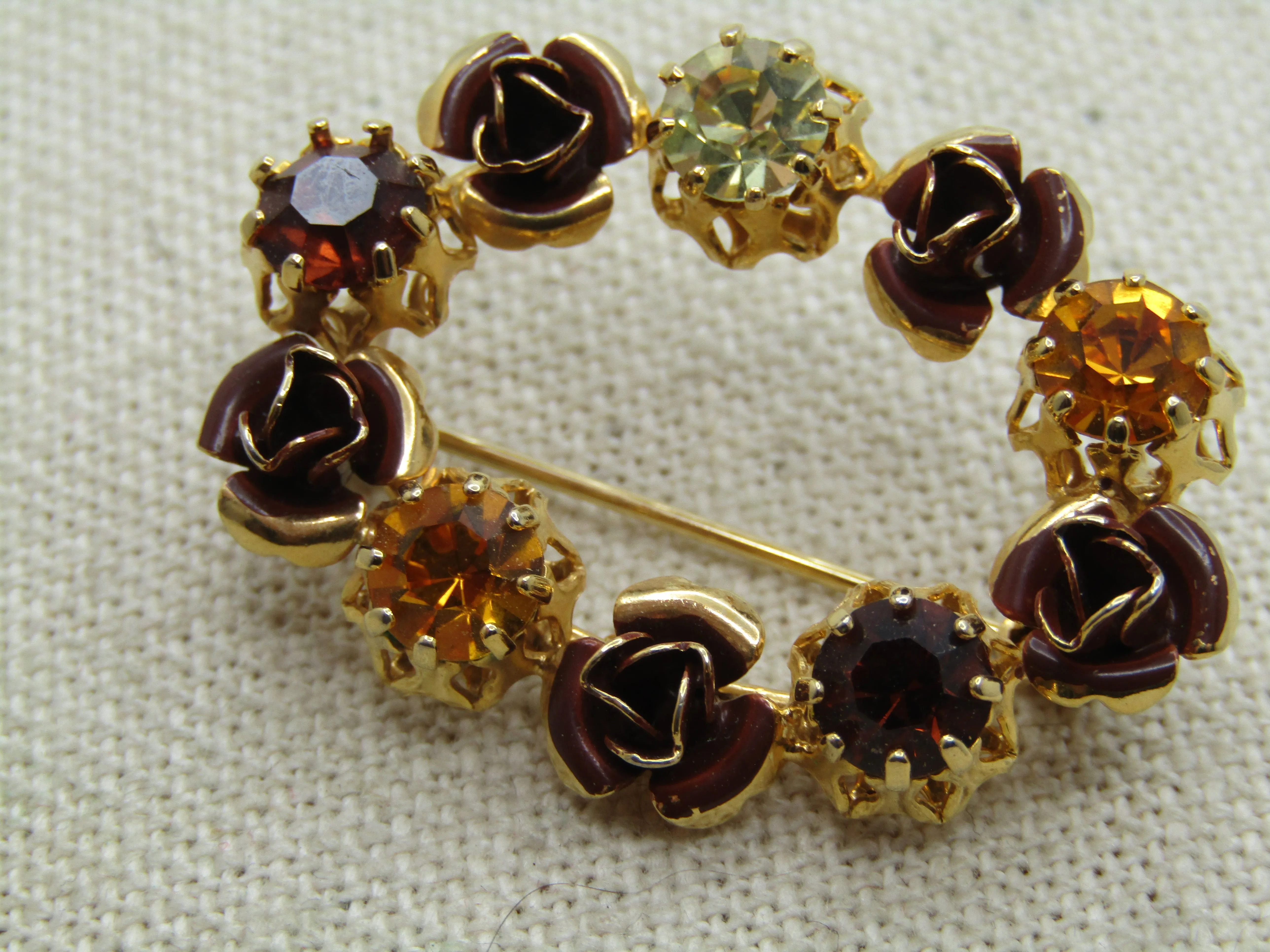 Vintage Austria Crystal Oval Brooch, Rose Blossoms, 1940's-1960's.