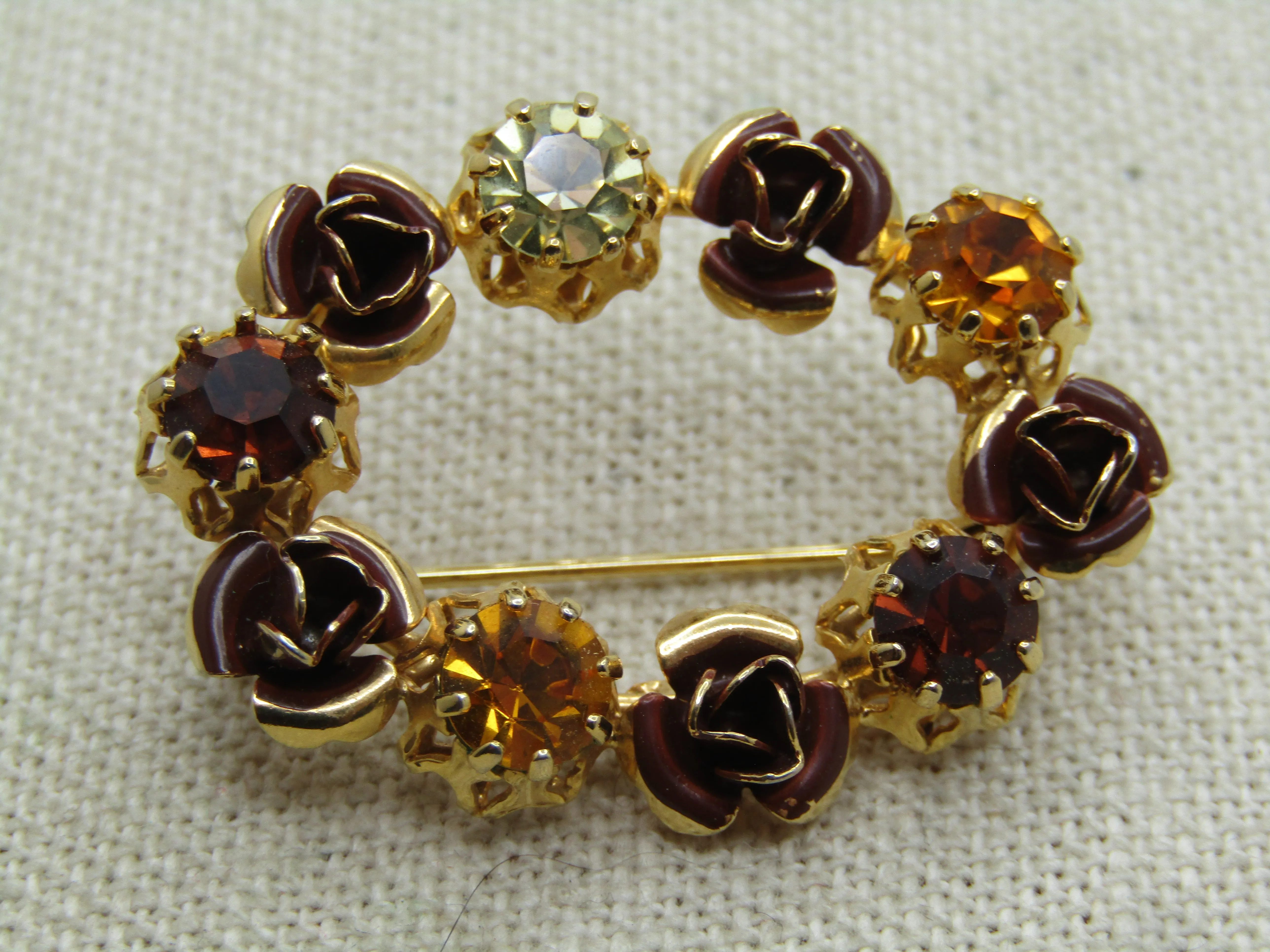 Vintage Austria Crystal Oval Brooch, Rose Blossoms, 1940's-1960's.